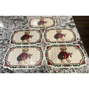 Vintage Place Mats Set of 5 Franco Christmas‎ Teddy Bear Vinyl 12x14 Pink & Red